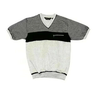 Men's vintage Pierre Cardin Shirt, Gray & Black Striped, Size S, 80s, v neck